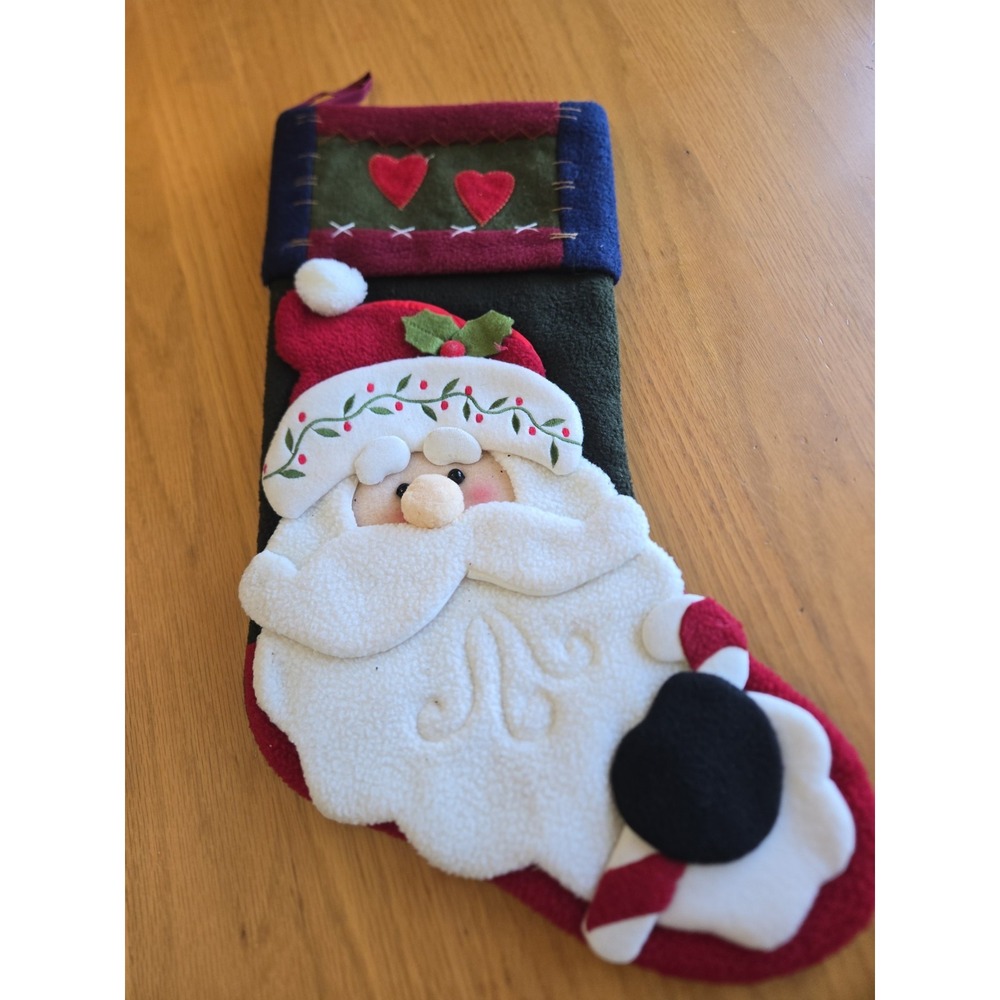 Beautiful Felt Santa Claus with Candy Cane Christmas Stocking 18" Primitive